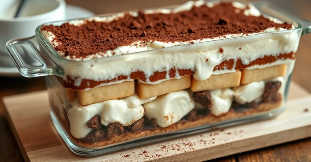 Beautiful vegan tiramisu dessert in rectangular glass baking dish, layered with coffee-soaked ladyfingers and creamy cashew m