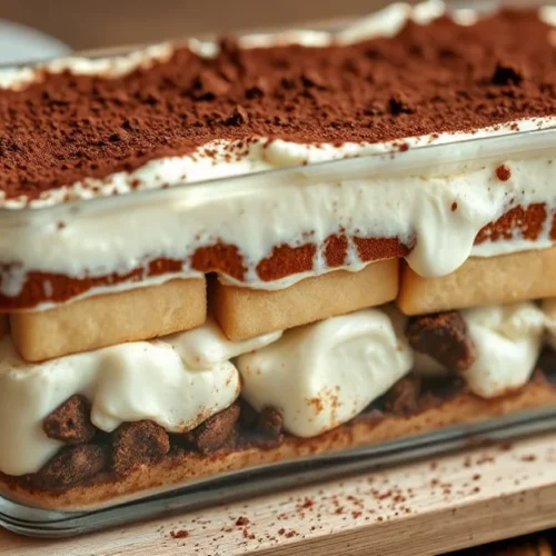 Beautiful vegan tiramisu dessert in rectangular glass baking dish, layered with coffee-soaked ladyfingers and creamy cashew m