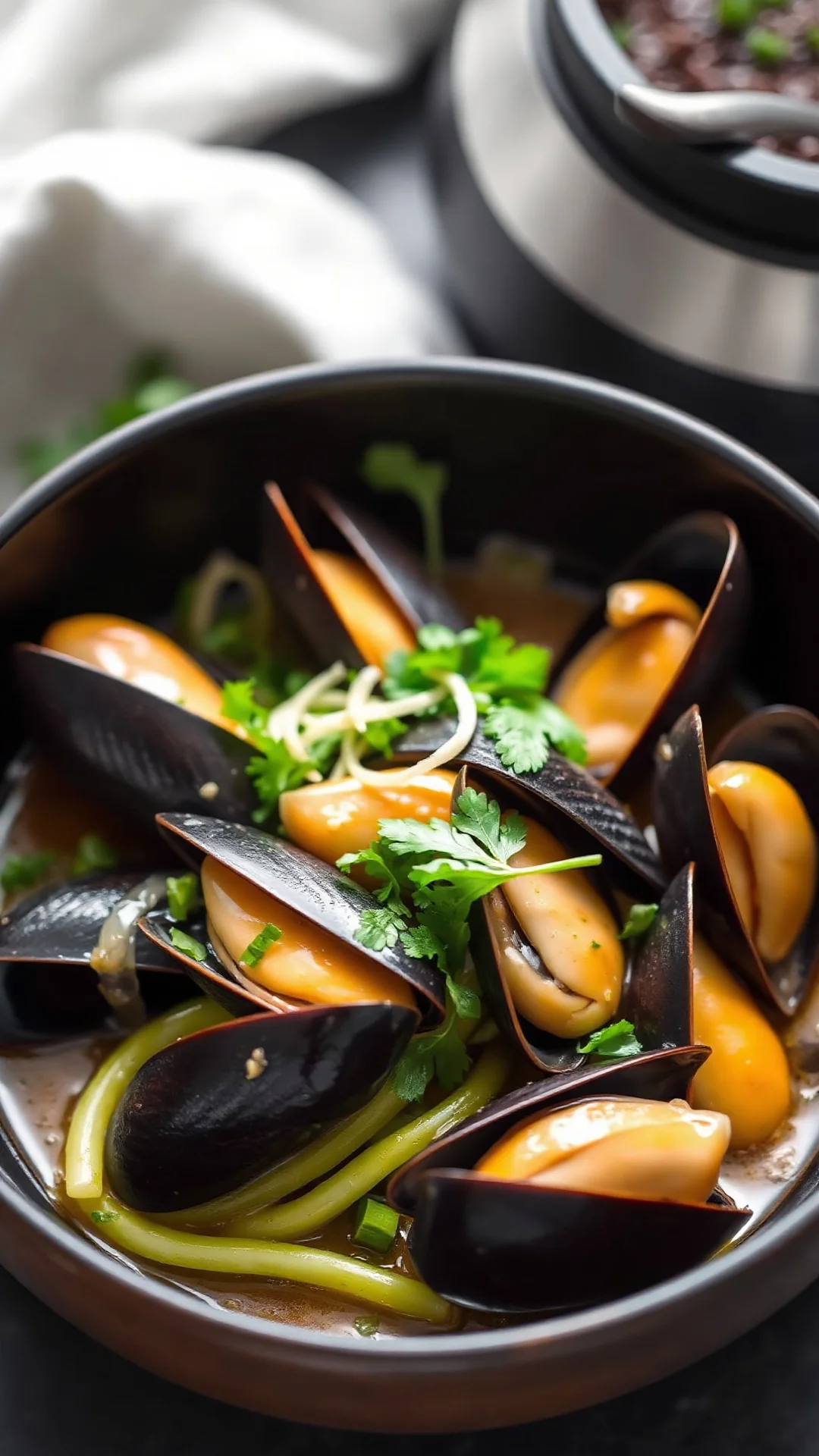 Bowl of steamed pak choi with opened mussels, white wine sauce, fresh parsley, garlic, vibrant seafood dish, appetizing seafo