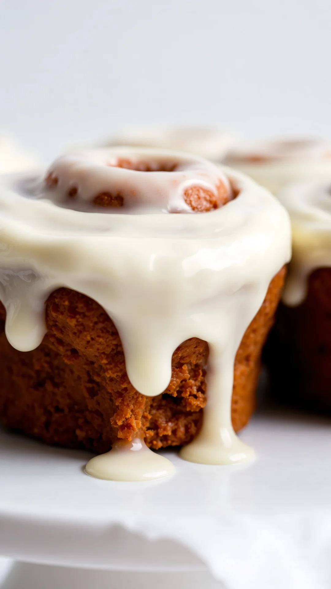 Cinnamon roll topped with creamy white frosting, close-up detail shot, melting frosting dripping down sides, soft natural lig
