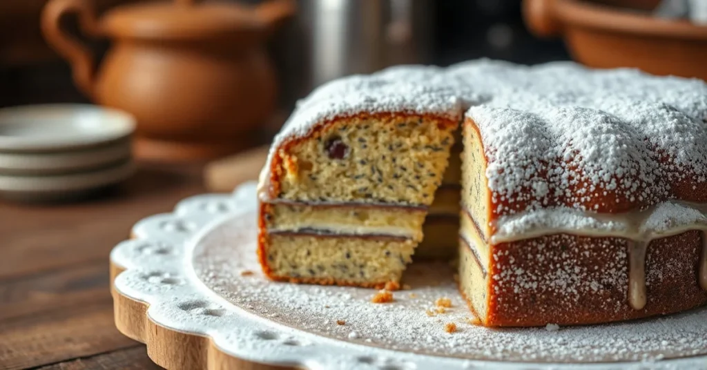 Classic German poppy seed cake with white powdered sugar glaze, cross-section showing layered filling, warm kitchen lighting,