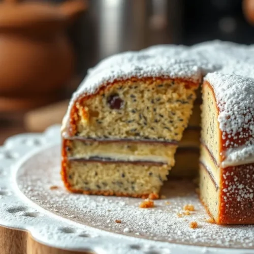 Classic German poppy seed cake with white powdered sugar glaze, cross-section showing layered filling, warm kitchen lighting,