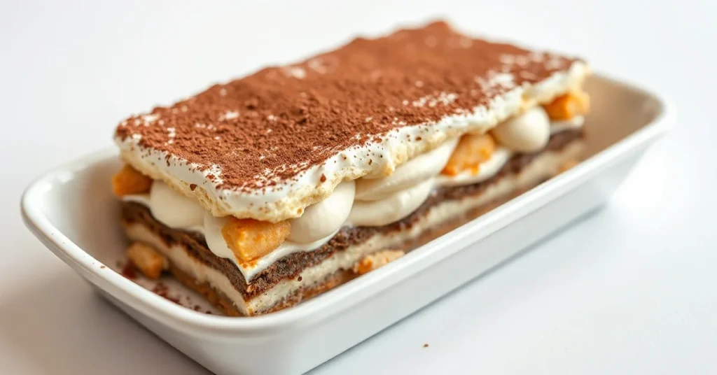 Classic Italian Tiramisu dessert in rectangular dish, dusted with cocoa powder, creamy mascarpone layers visible, elegant pre