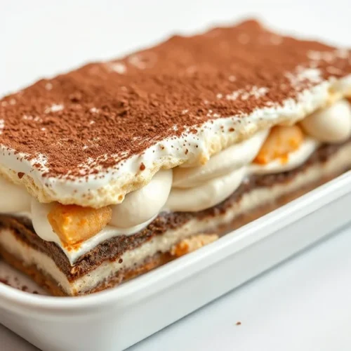 Classic Italian Tiramisu dessert in rectangular dish, dusted with cocoa powder, creamy mascarpone layers visible, elegant pre