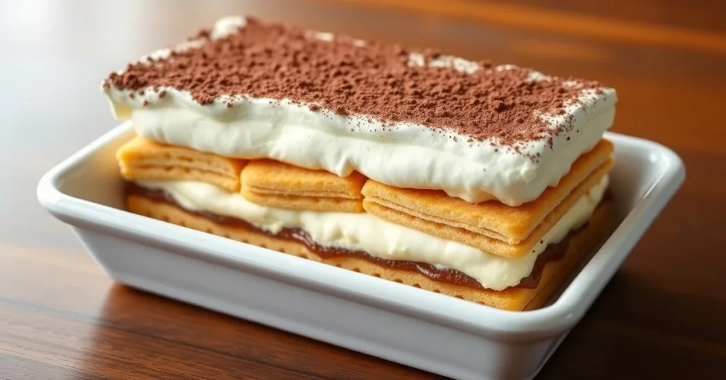 Classic Italian tiramisu dessert in rectangular white dish, layers of mascarpone cream and coffee-soaked ladyfinger biscuits,
