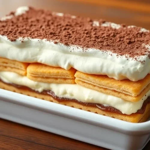 Classic Italian tiramisu dessert in rectangular white dish, layers of mascarpone cream and coffee-soaked ladyfinger biscuits,