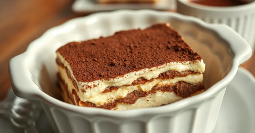 Classic Italian Tiramisu dessert in white ceramic dish, layered with dark cocoa powder on top, creamy mascarpone filling, pro