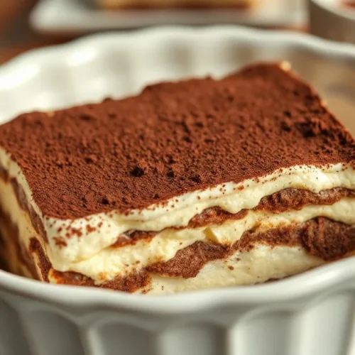 Classic Italian Tiramisu dessert in white ceramic dish, layered with dark cocoa powder on top, creamy mascarpone filling, pro