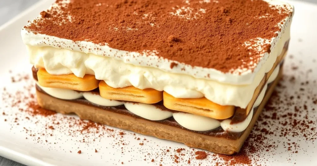 Classic Italian tiramisu in rectangular dish, dusted with cocoa powder, layered mascarpone cream, coffee-soaked ladyfingers,