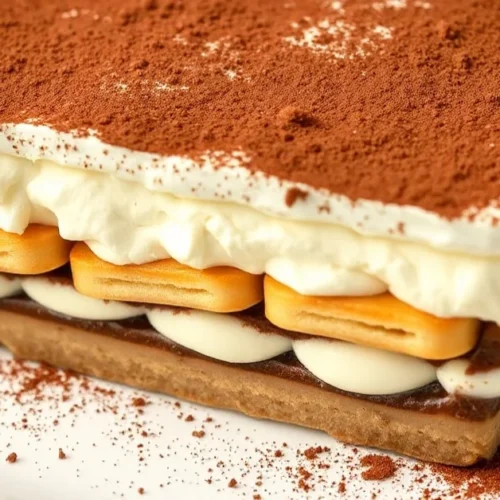 Classic Italian tiramisu in rectangular dish, dusted with cocoa powder, layered mascarpone cream, coffee-soaked ladyfingers,