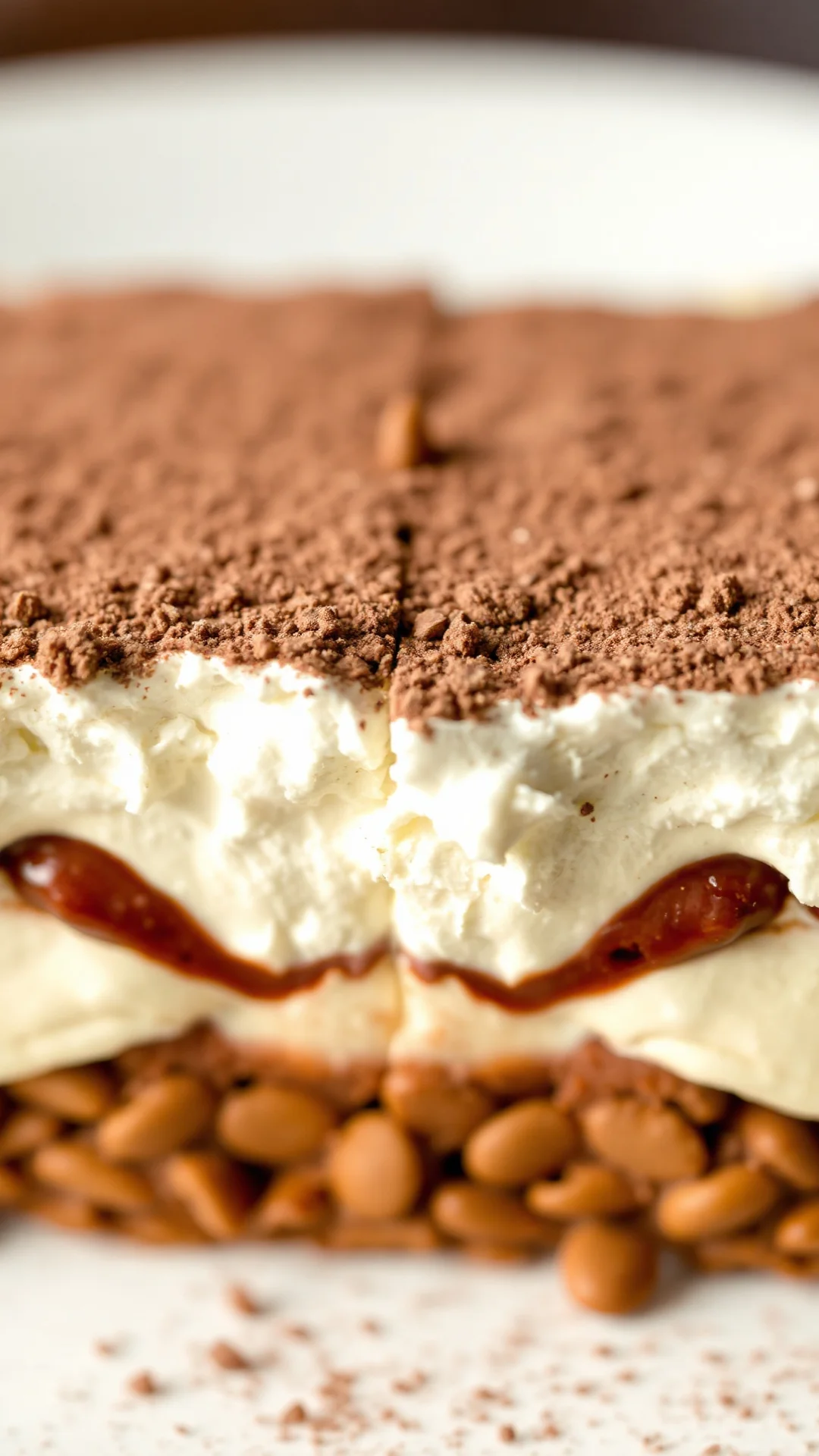 Classic tiramisu cross-section showing layers of mascarpone cream and cocoa powder, close-up food photography, professional s