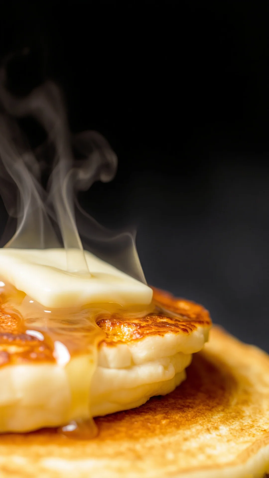 Close-up close-up close-up single fluffy pancake with butter melting, golden brown exterior, steam rising, macro photography,