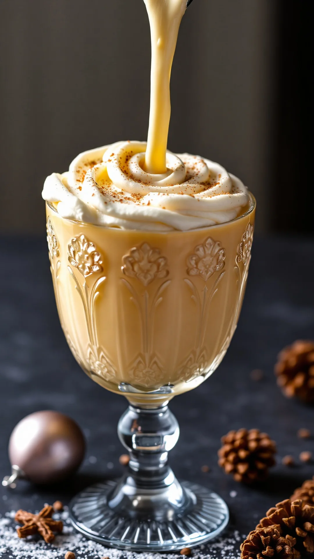Close-up creamy eggnog being poured into vintage crystal glass, rich golden color, whipped cream topping, vanilla bean and nu