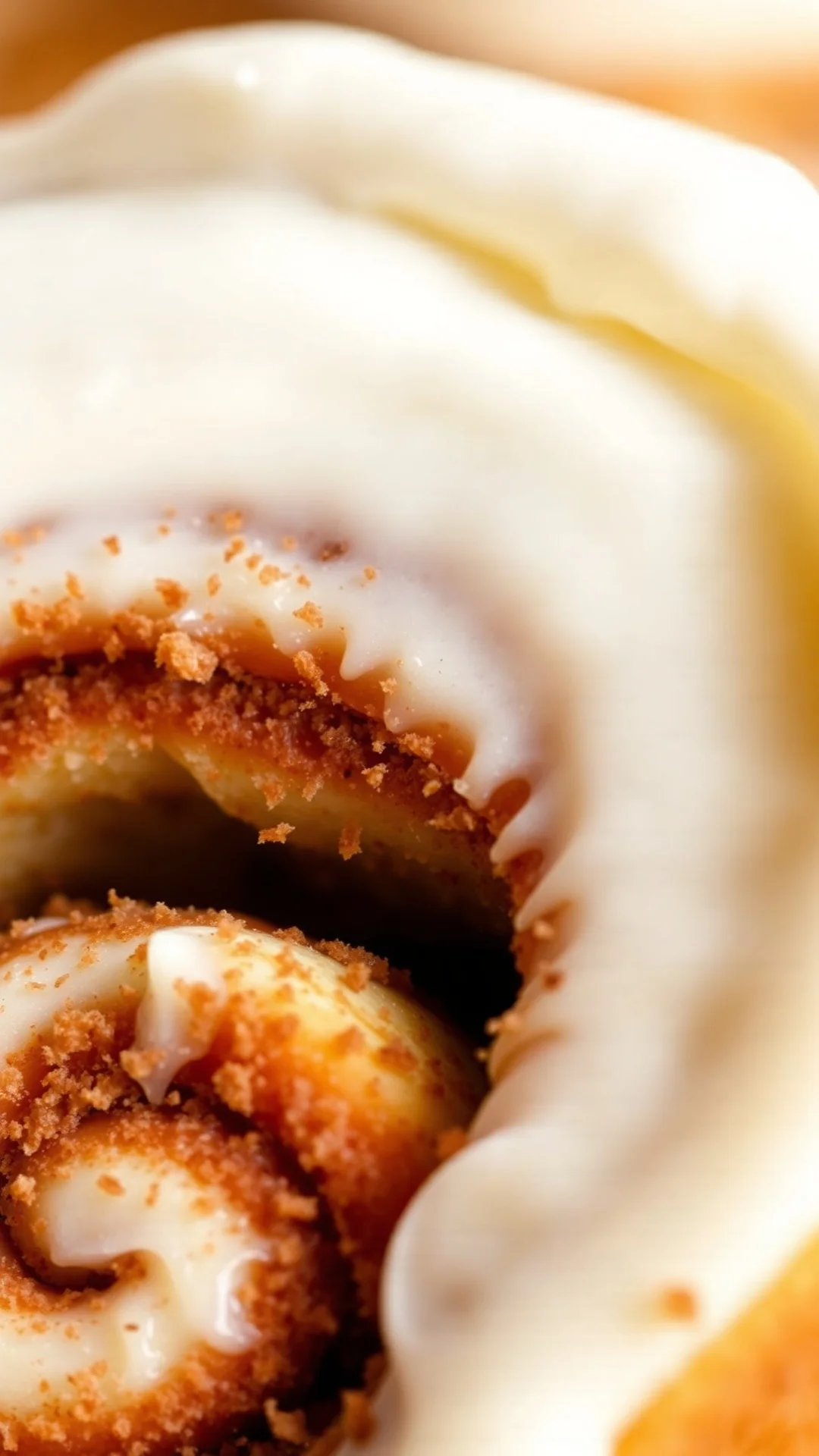 Close-up detail of cinnamon roll with thick cream cheese frosting, swirled layers visible, cinnamon sugar spiral detail, crea