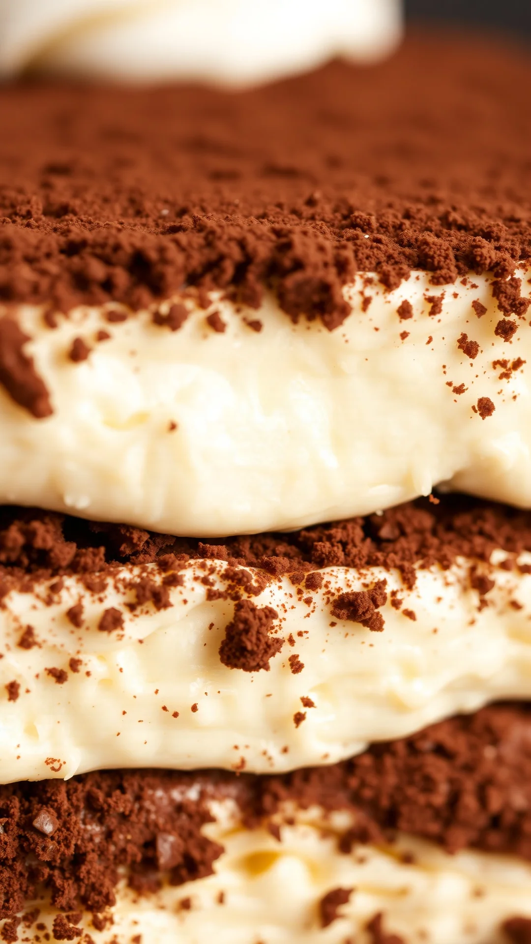 Close-up detail of creamy mascarpone cream layer in tiramisu with cocoa powder dusting, rich brown coffee color, luxurious te