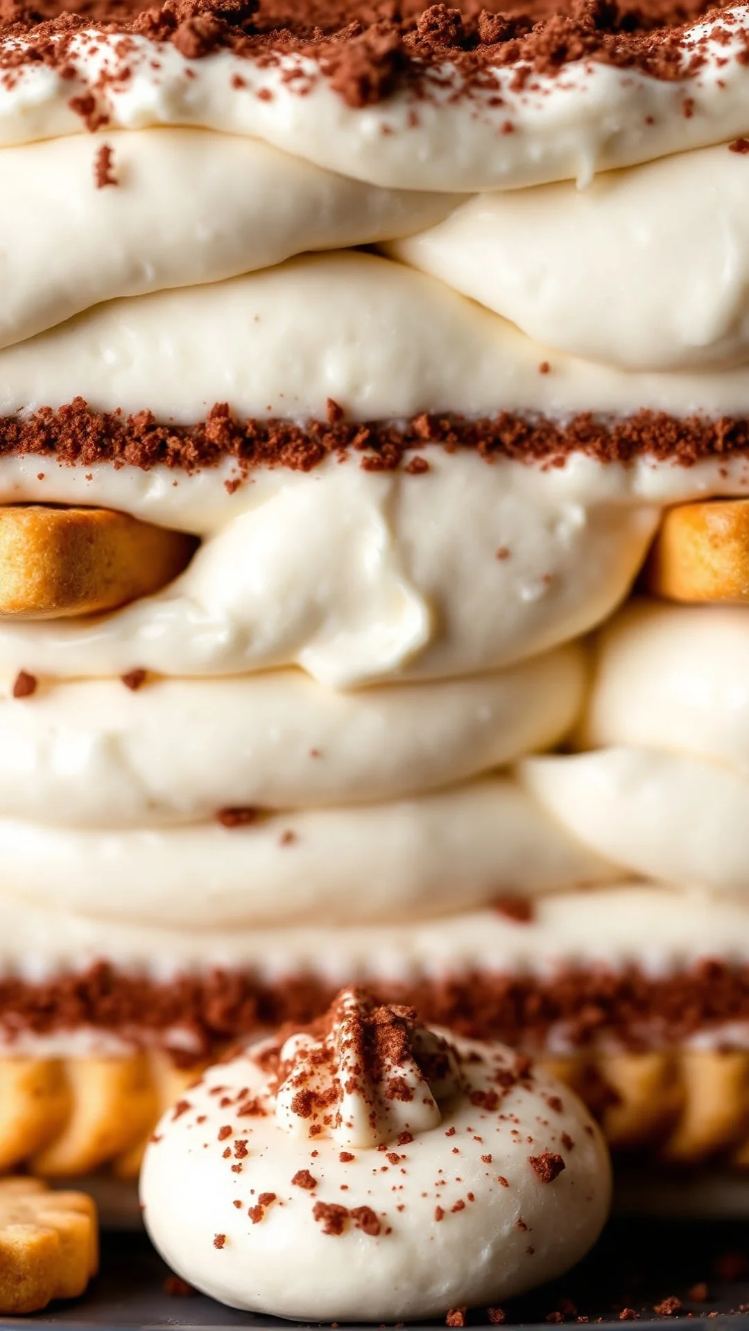 Close-up detail of creamy mascarpone eggnog tiramisu layers with ladyfinger biscuits, rich cocoa powder dusting, decadent des