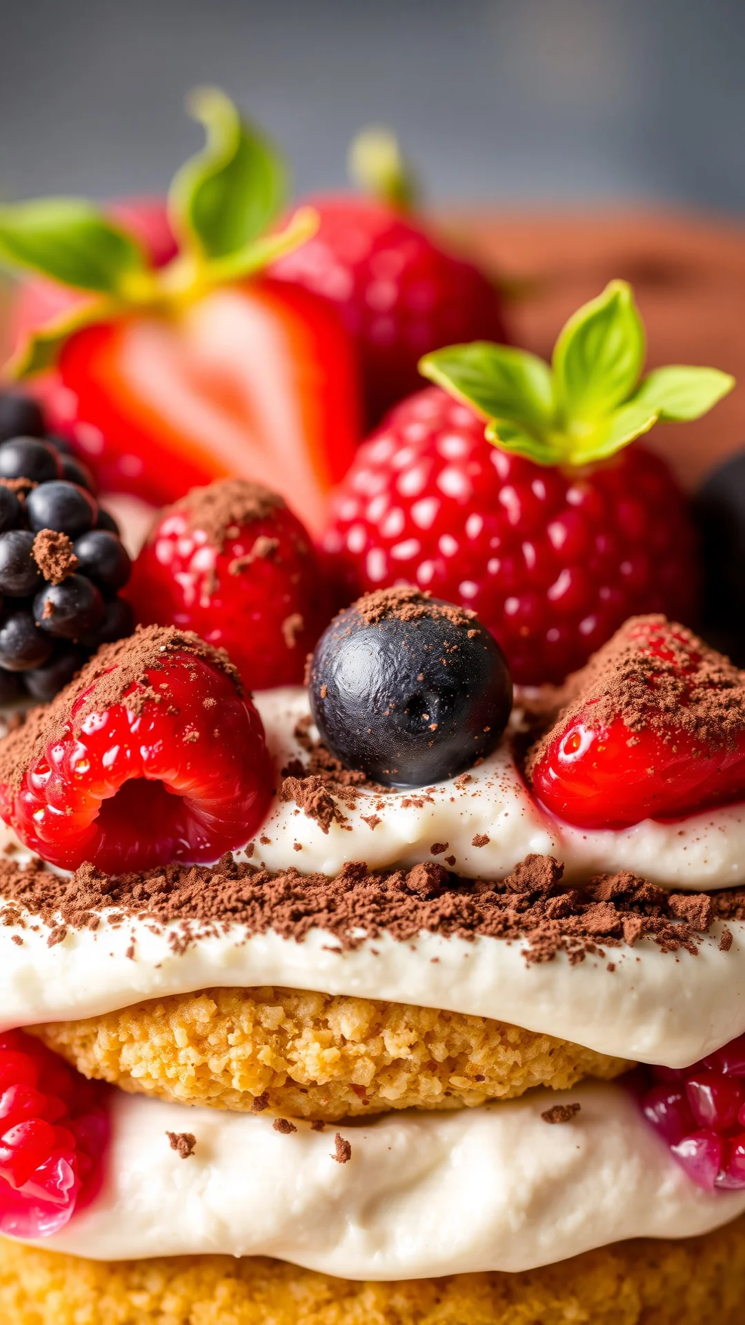 Close-up detail of creamy mascarpone tiramisu layer with vibrant fresh berries, cocoa powder, strawberries and raspberries, p