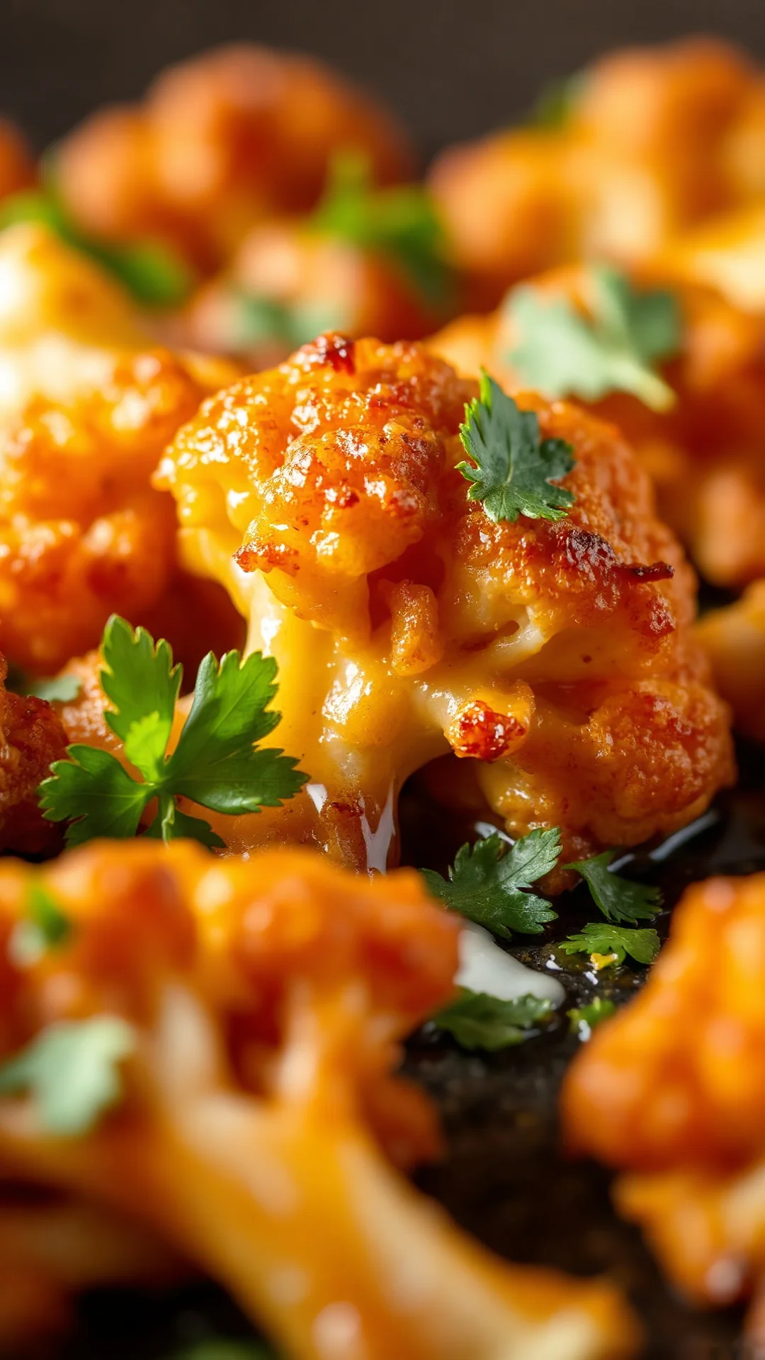 Close-up detail of crispy fried cauliflower piece with golden crust, melted garlic, fresh parsley, drizzle of olive oil, shal