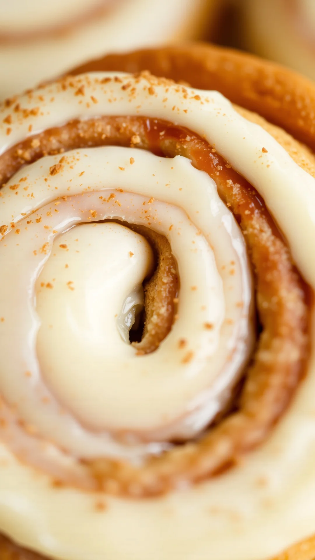 Close-up detail of freshly baked spiral cinnamon roll with creamy frosting, golden edges, dusted with cinnamon, beautiful swi