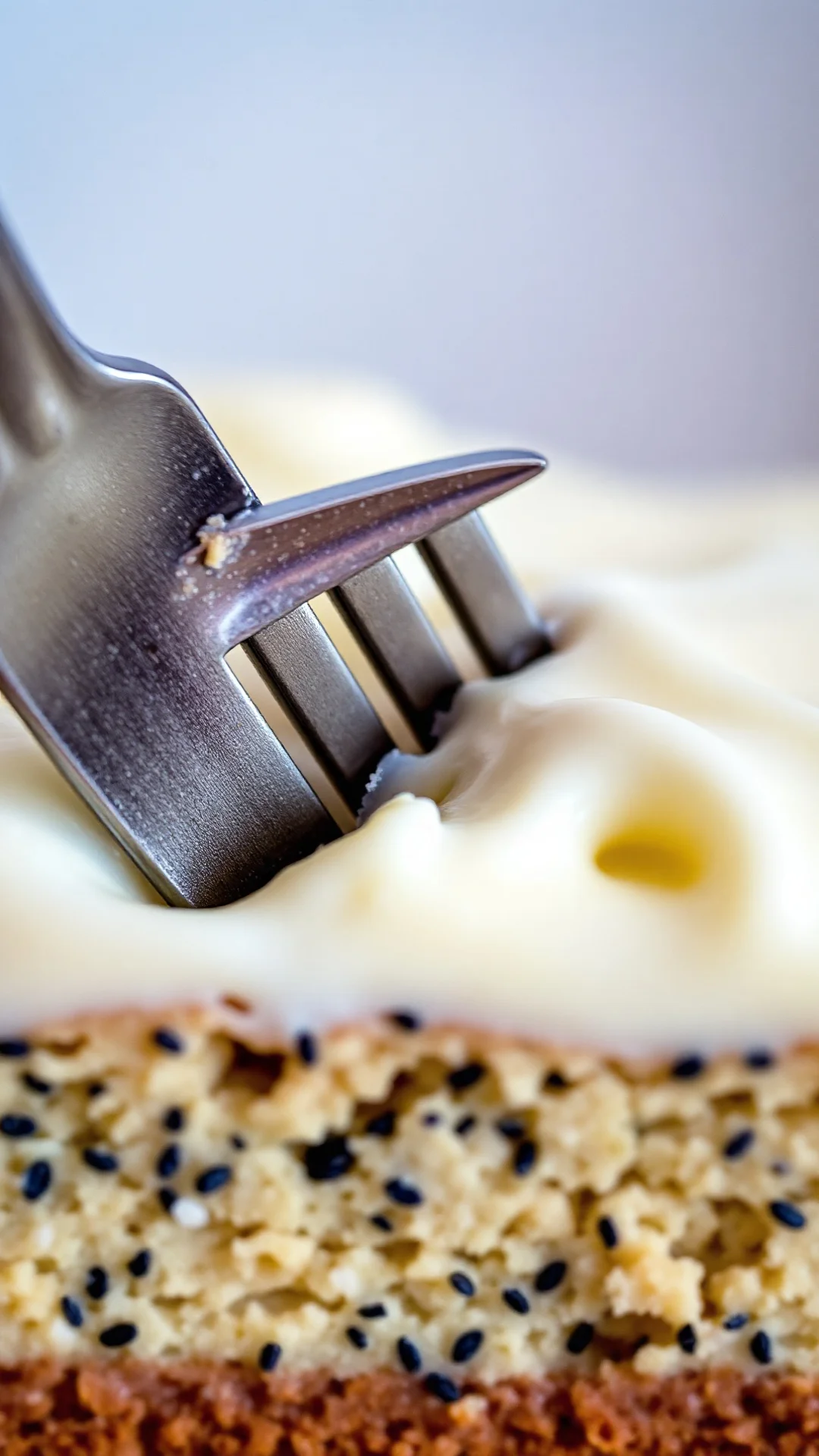 Close-up detail of mohnkuchen slice showing layers: poppy seed cake base, thick creamy vanilla pudding top, fork cutting thro