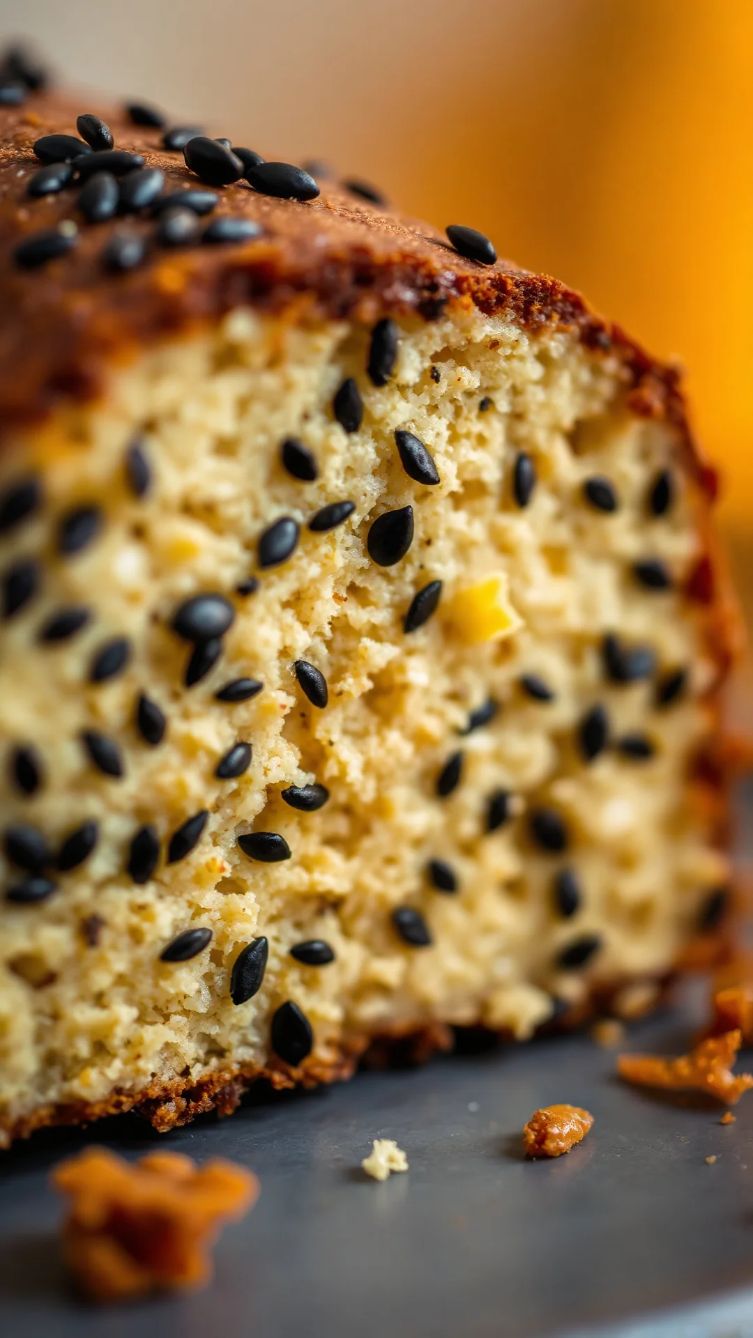 Close-up detail of moist poppy seed cake cross-section showing black poppy seeds throughout, golden-brown texture, macro phot