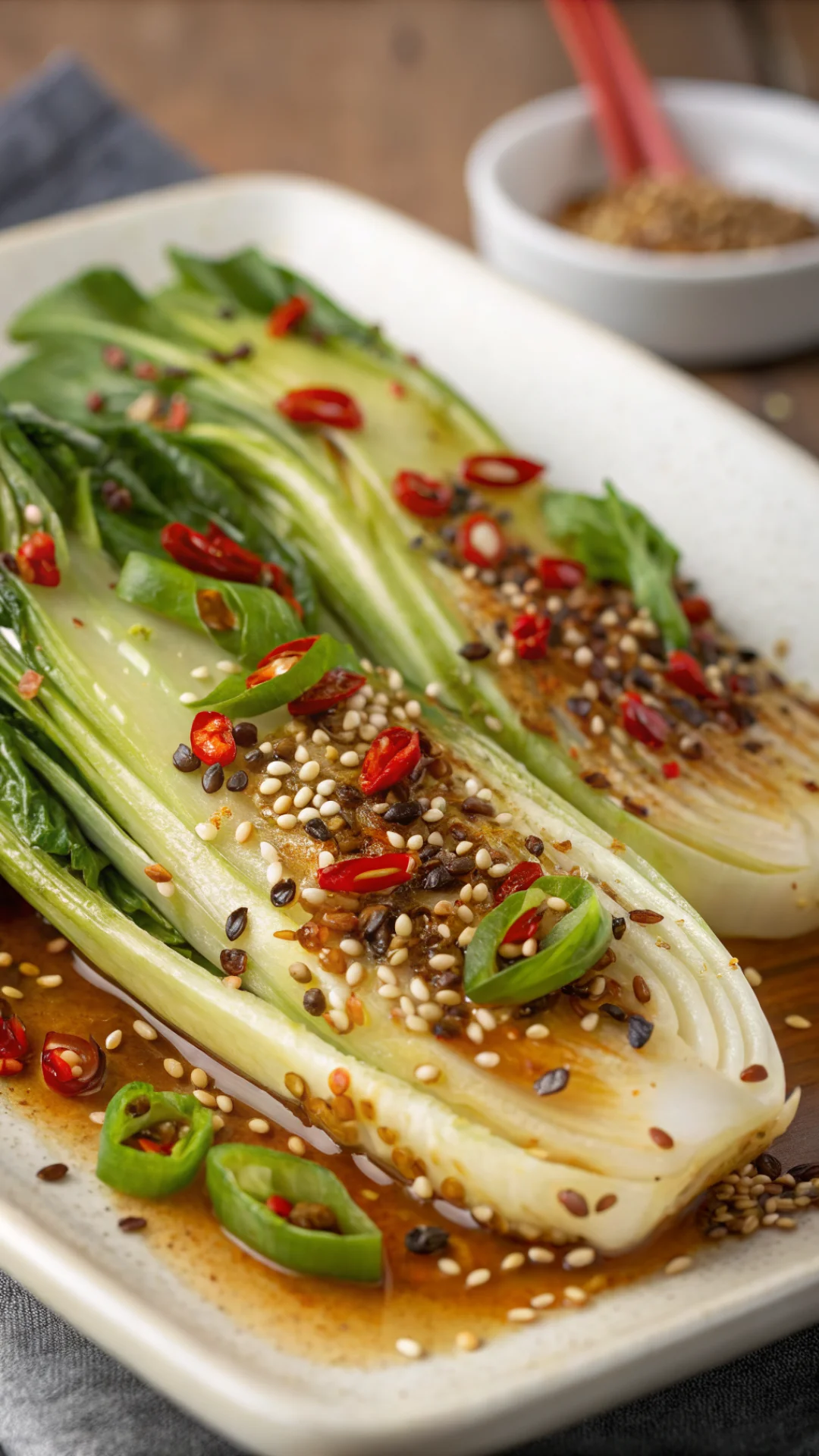 Close-up detail of roasted pak choi with glistening sesame oil, toasted sesame seeds, chili flakes, and fresh green onion gar