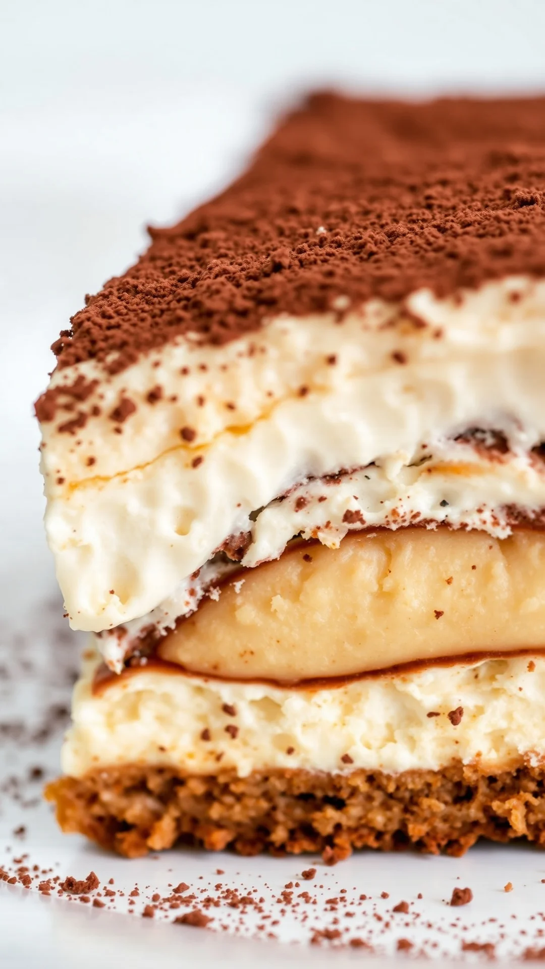 Close-up detail of tiramisu slice showing creamy mascarpone layers and coffee-soaked ladyfingers, cocoa powder topping, shall