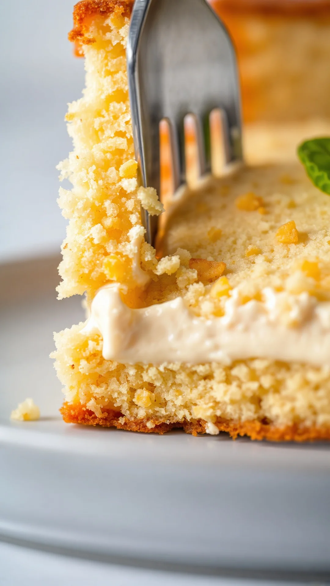 Close-up detail shot of mohn cake slice with creamy schmand layer, fork cutting through, rich texture, soft lighting, food ph