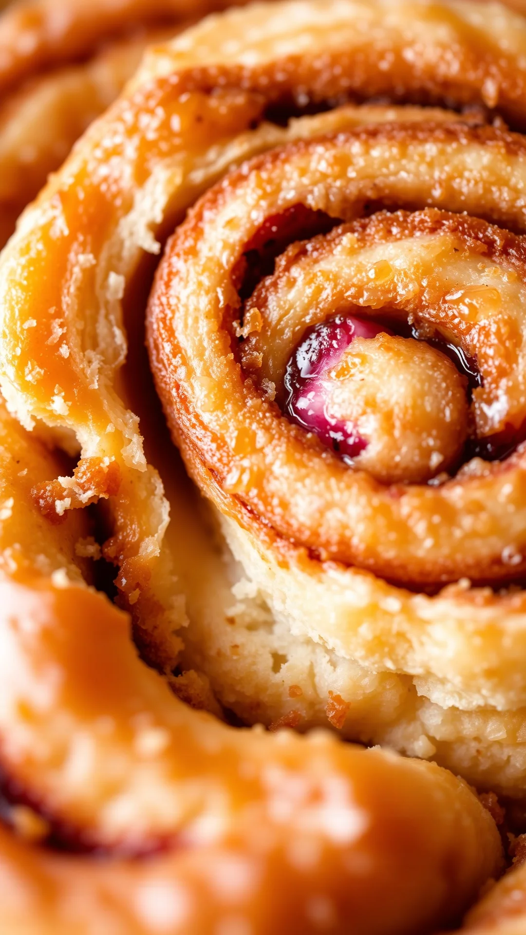 Close-up detail shot of single fresh raspberry cinnamon swirl, cross-section view showing spiral layers, cinnamon swirl detai