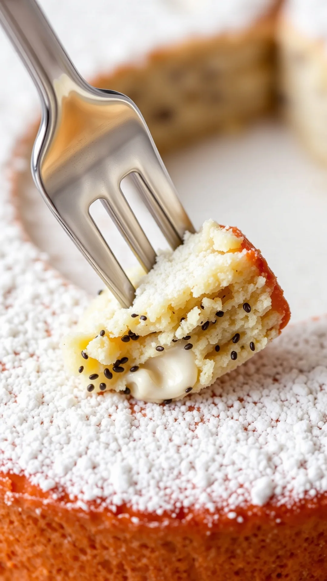 Close-up detailed shot of a slice of traditional Silesian poppy seed cake with vanilla cream filling, showing texture of popp