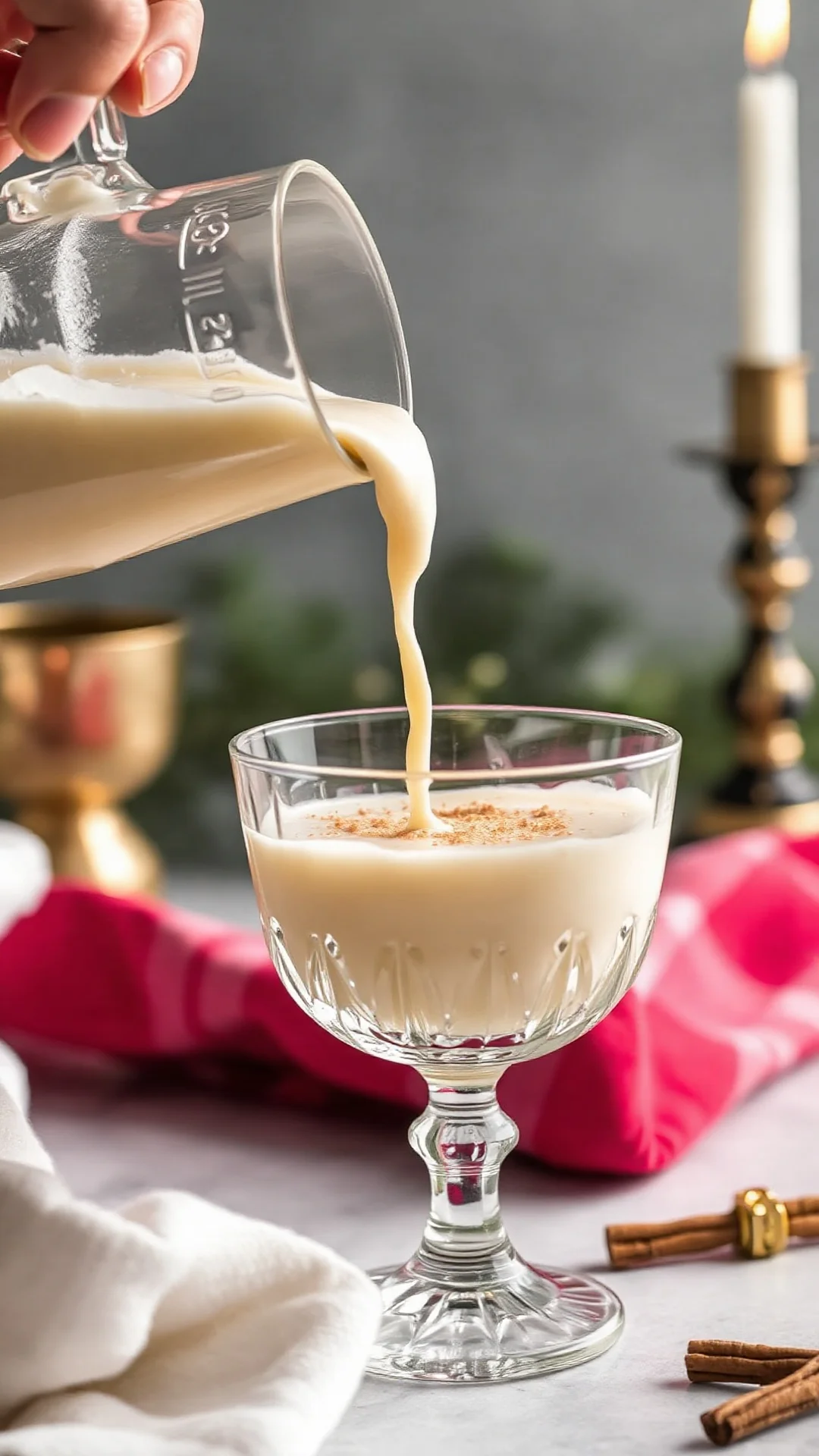 Close-up detailed shot of homemade low carb eggnog being poured into crystal glass, creamy texture visible, nutmeg dusting on