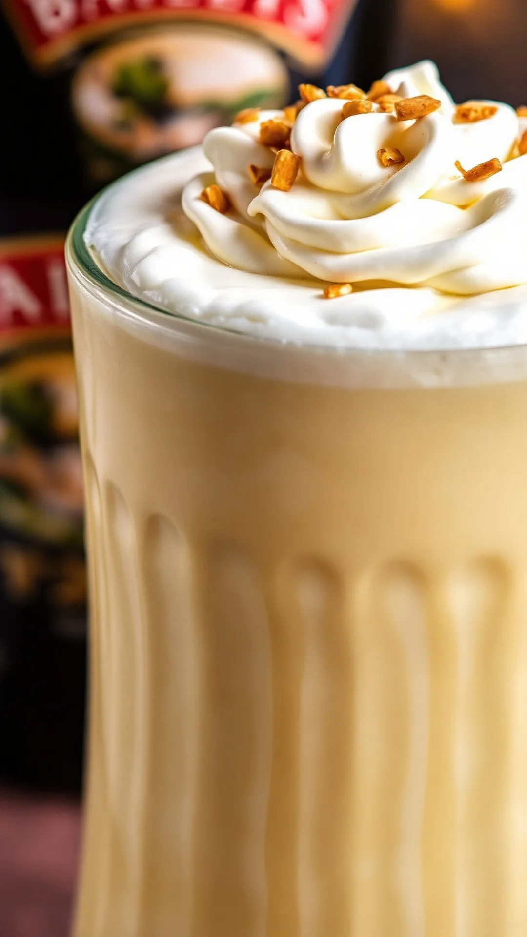 Close-up detailed view of creamy Baileys eggnog texture, rich golden color, whipped cream foam top, nutmeg garnish, luxurious