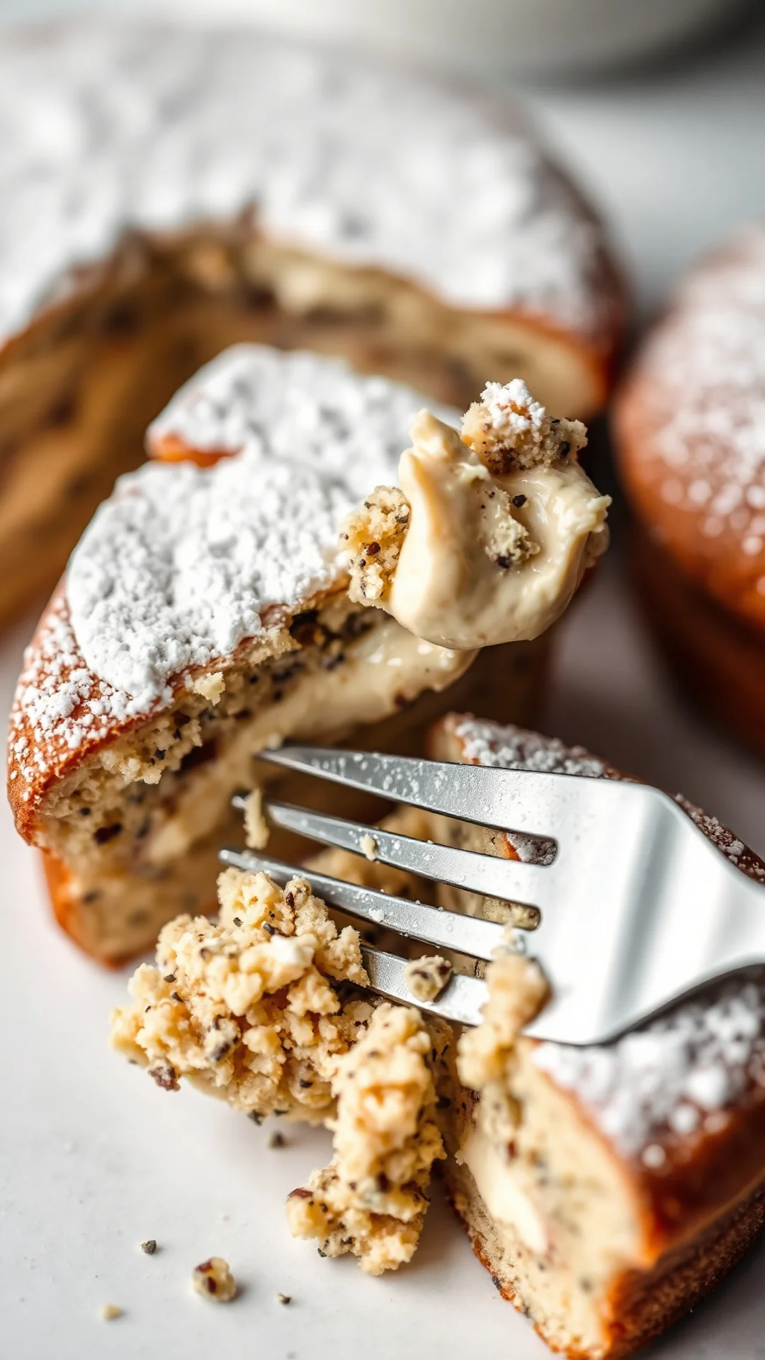 Close-up detailed view of poppy seed cake slice with creamy mohn filling, dusted with powdered sugar, fork detail, soft natur