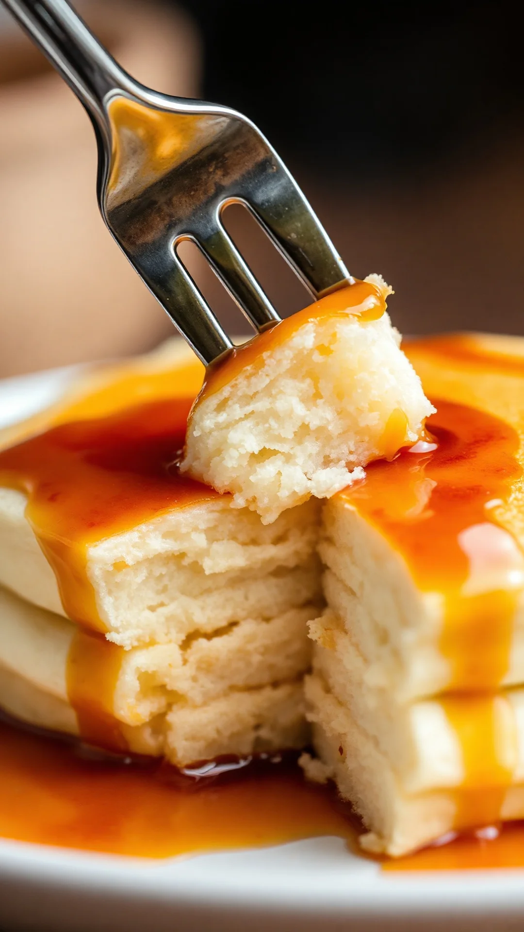 Close-up extreme macro shot of perfectly fluffy Japanese pancake being cut with fork, showing airy spongy texture, syrup drip