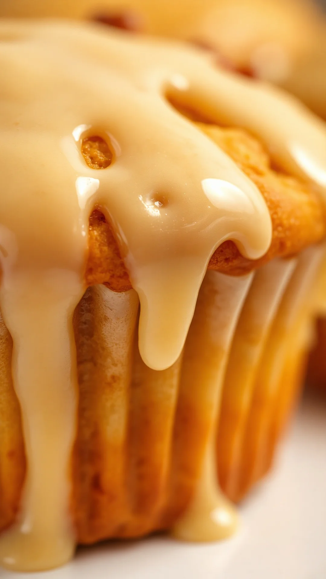 Close-up fresh eggnog muffin with creamy glaze dripping down sides, soft fluffy texture visible, warm golden lighting, shallo