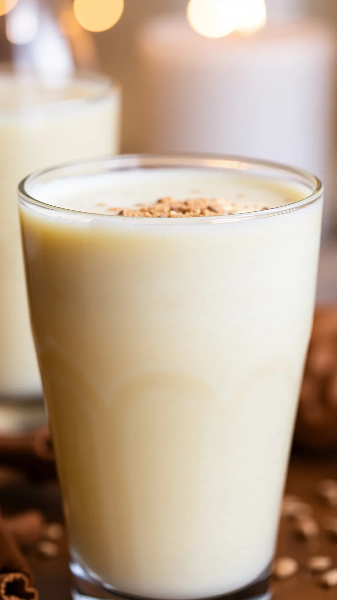 Close-up glass of creamy vegan eggnog, silky smooth texture, vanilla bean specks visible, garnished with nutmeg, golden yello