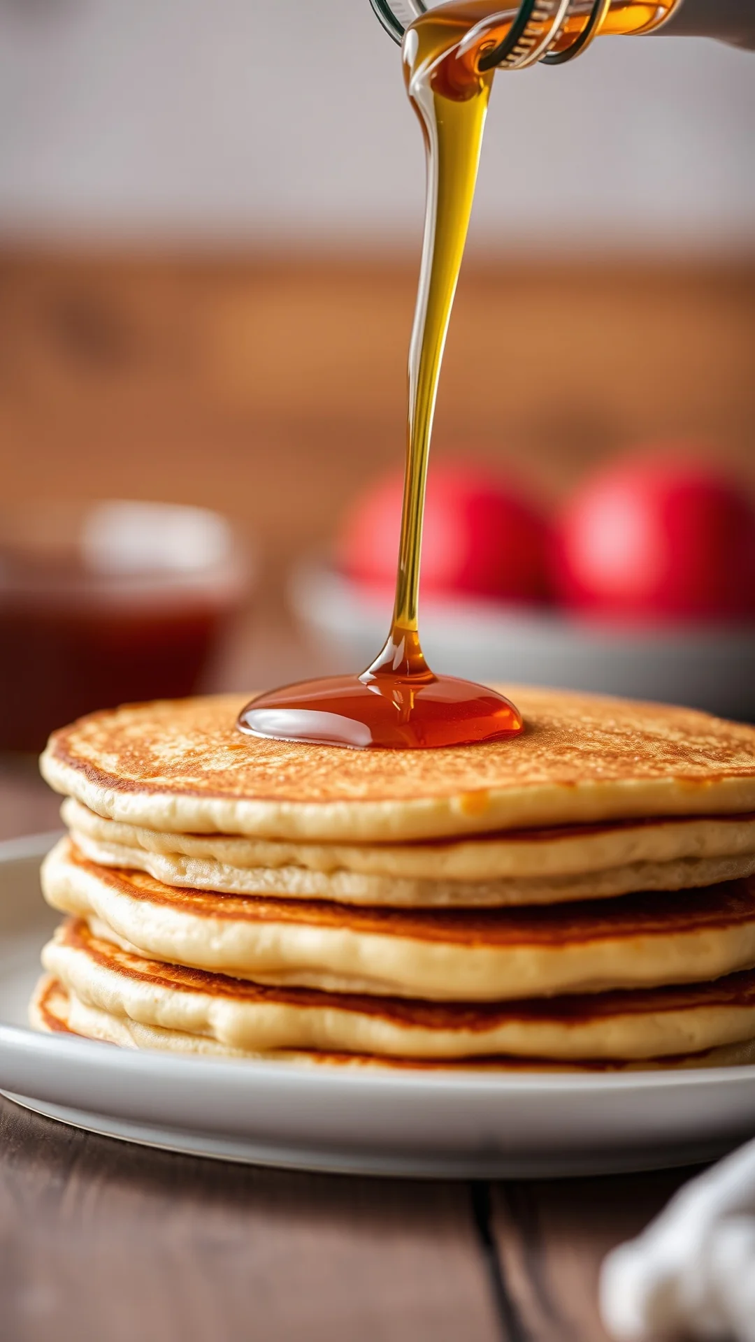 Close-up golden pancake stack with maple syrup pouring, blurred background, professional food photography, warm lighting, bre