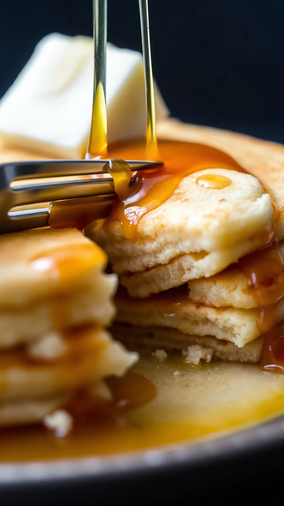 Close-up macro of fluffy buttermilk pancake being cut with fork, butter melting on top, golden steam rising, dripping maple s
