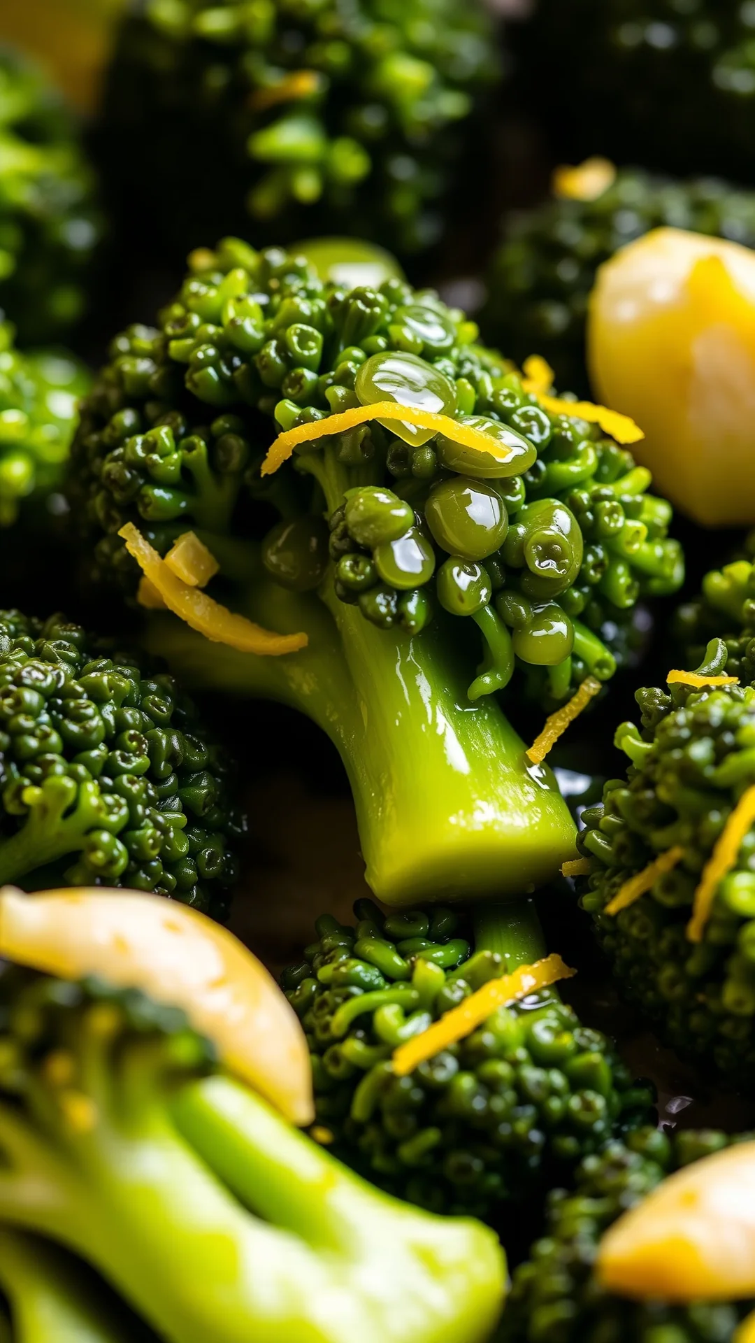 Close-up macro of fresh steamed broccoli florets glistening with olive oil droplets, garlic cloves, and lemon zest, warm gold