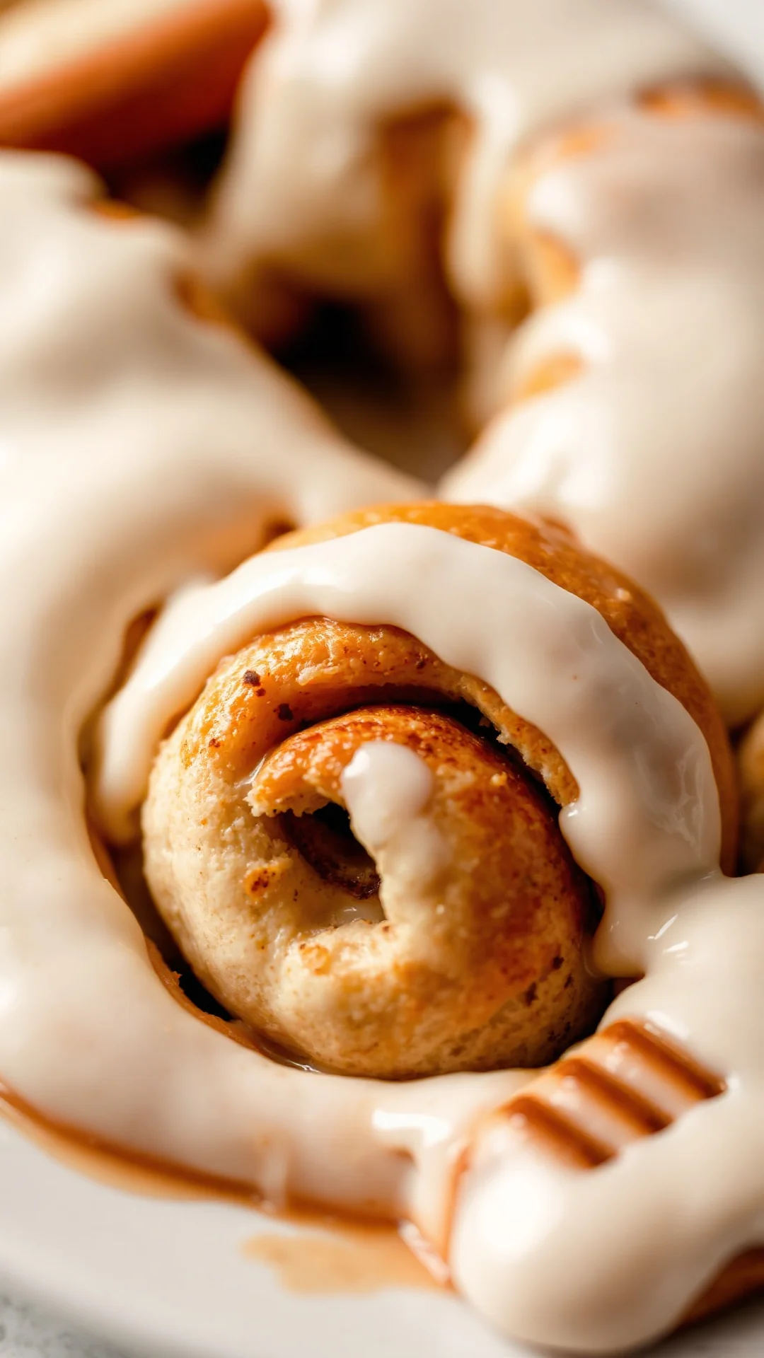 Close-up macro photograph of single cinnamon roll with creamy white glaze, golden crust, cinnamon spiral visible, warm lighti
