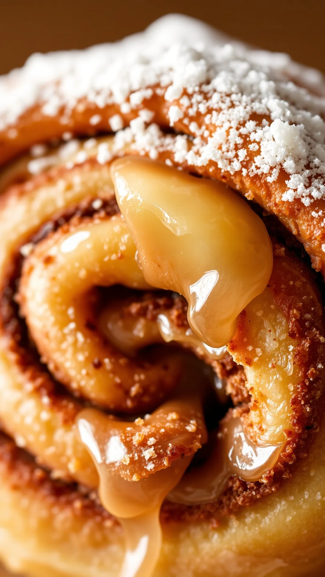 Close-up macro photography of a freshly baked cinnamon roll with apple filling, showing the spiral layers and texture with me