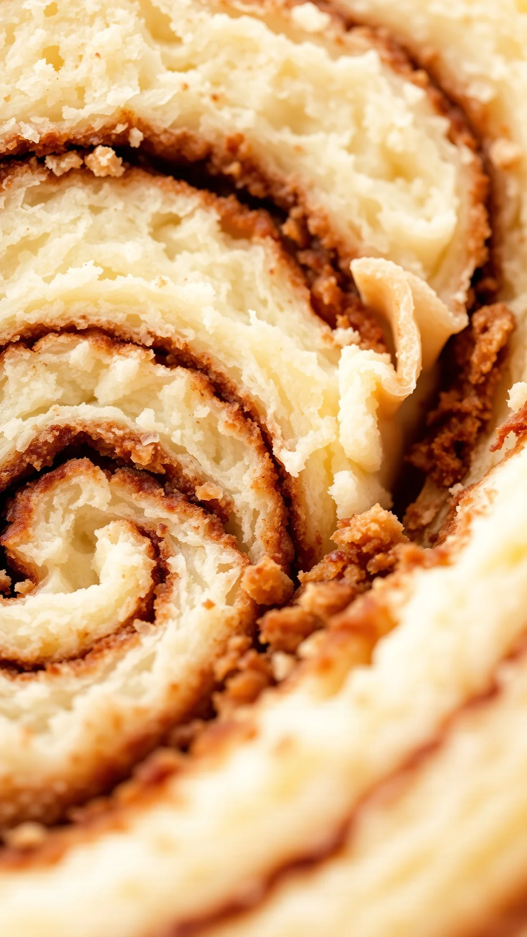 Close-up macro photography of a sliced cinnamon swirl roll with quark, showing fluffy texture and cinnamon filling layers, so