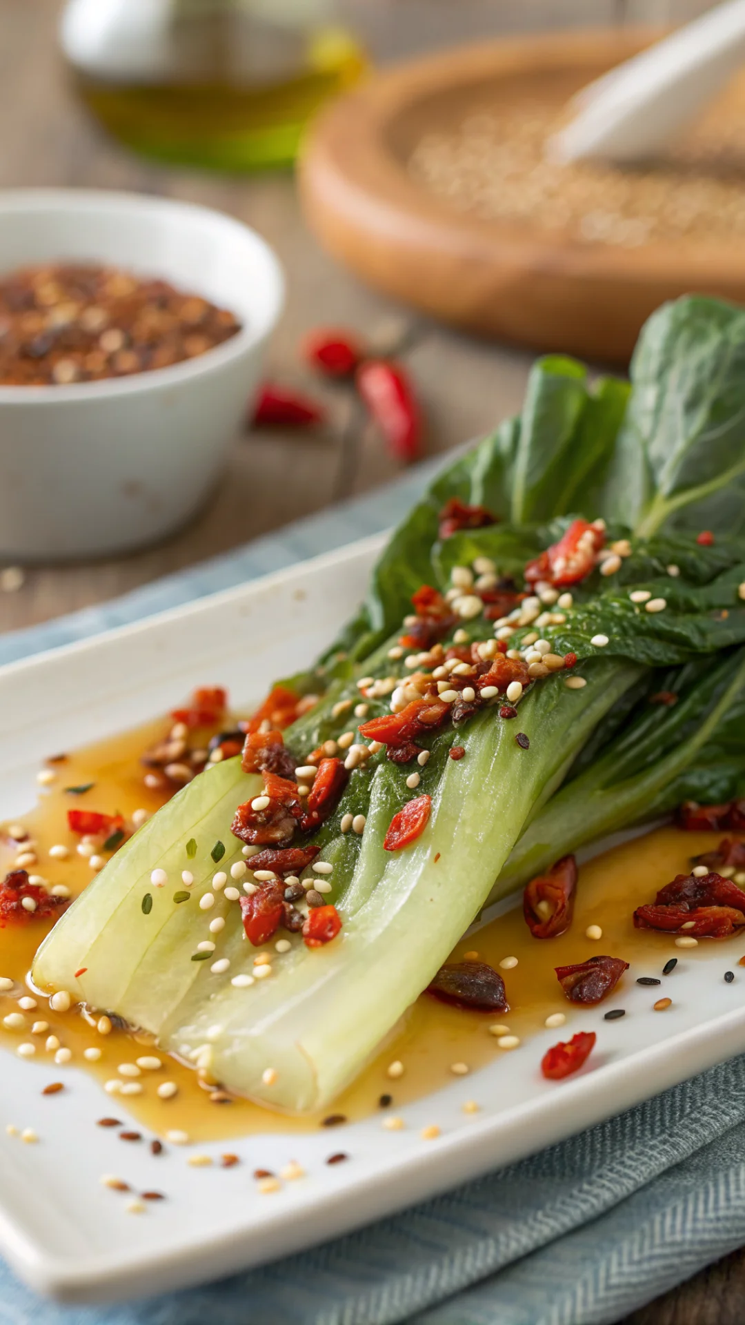 Close-up macro photography of cooked Pak Choi leaf, glistening with sesame oil sauce, scattered sesame seeds and red chili fl