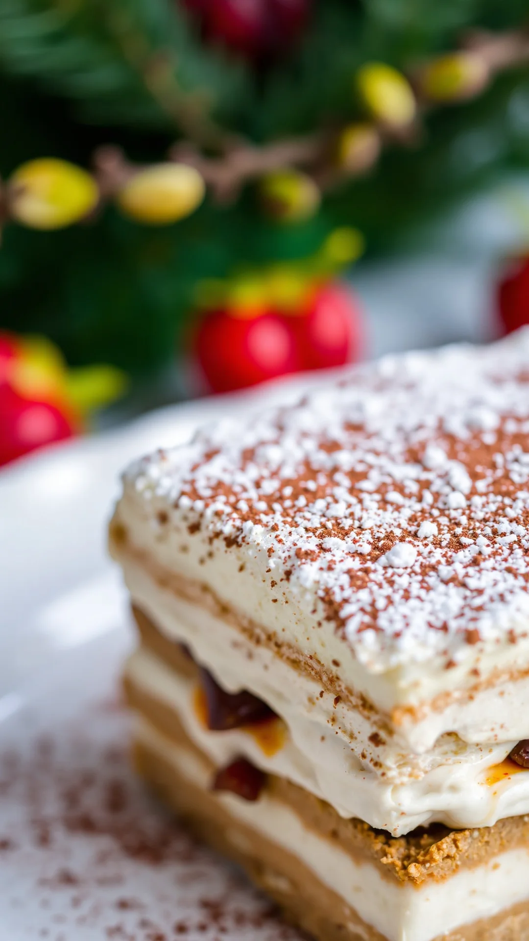 Close-up macro photography of creamy mascarpone tiramisu layer with dusted cocoa powder, showing texture detail, soft bokeh b
