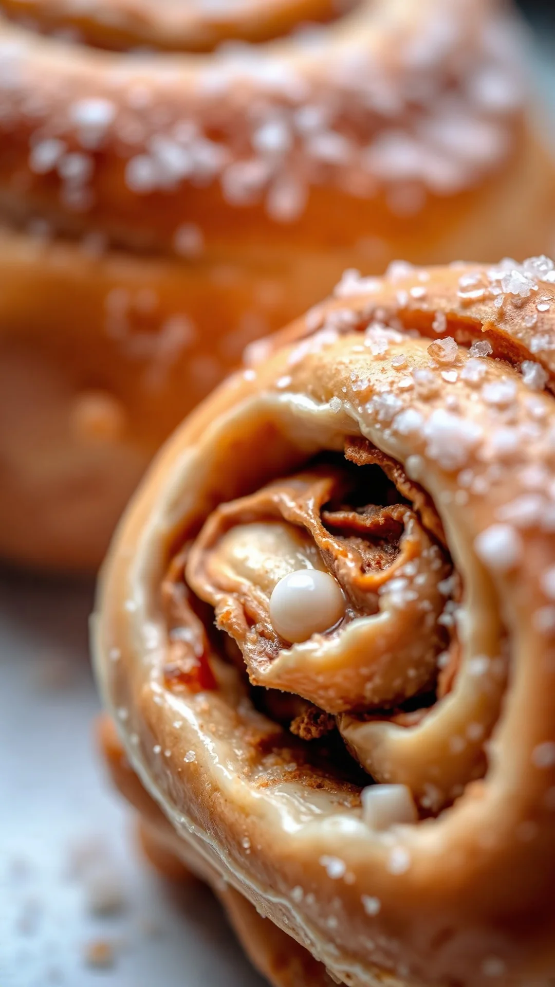 Close-up macro photography of freshly baked Swedish cinnamon bun, showing flaky layers and cinnamon filling inside, pearl sug