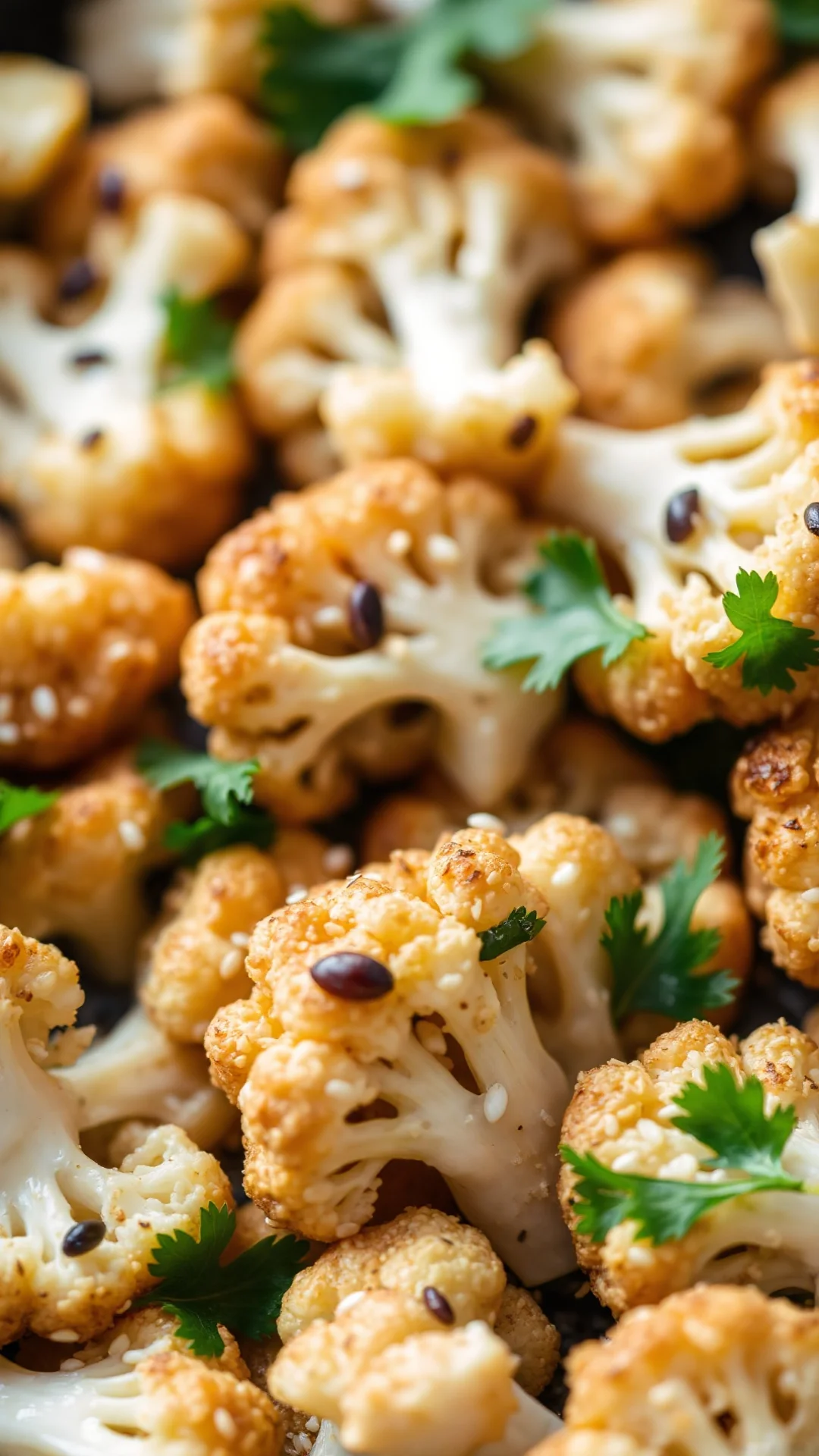Close-up macro photography of perfectly roasted golden crispy cauliflower florets with sesame seeds and fresh green parsley,