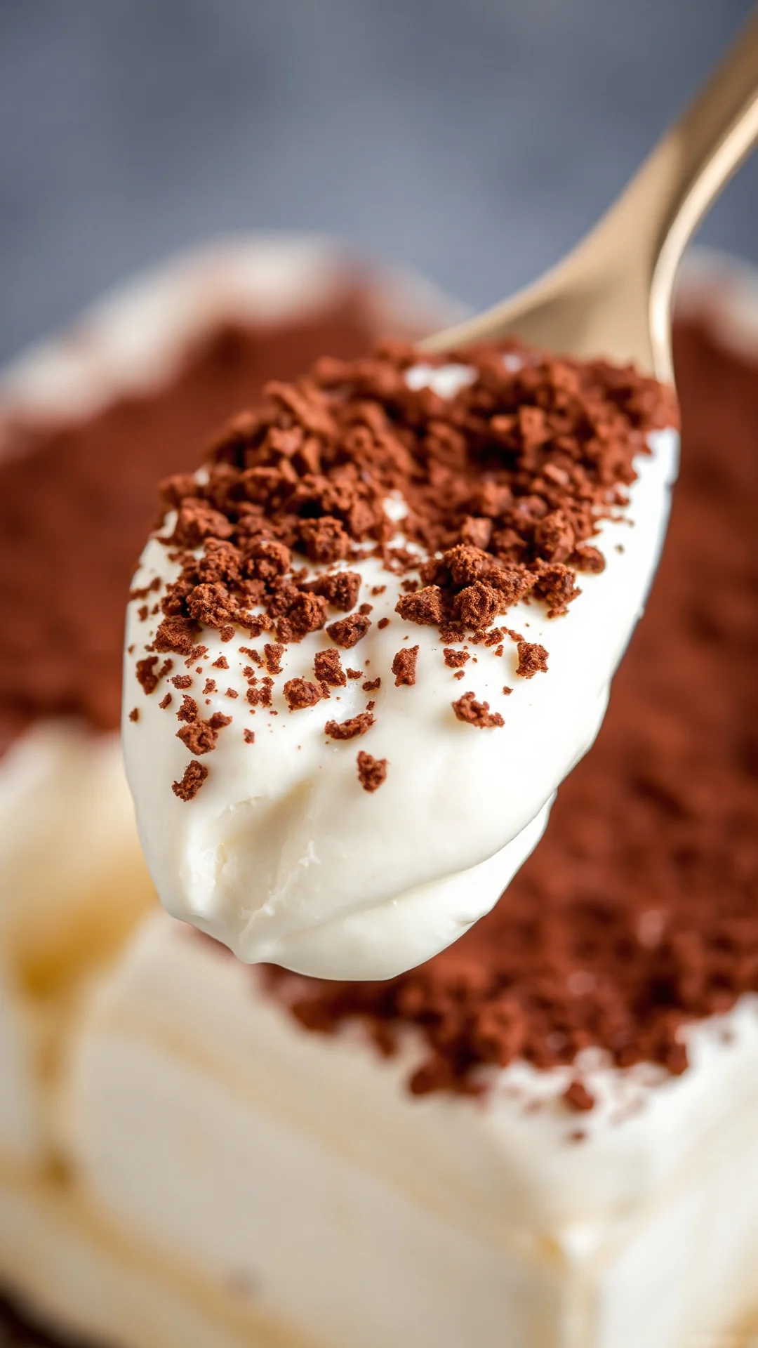 Close-up macro shot creamy tiramisu spoonful, mascarpone cream texture, cocoa powder dusting, rich dessert detail, profession