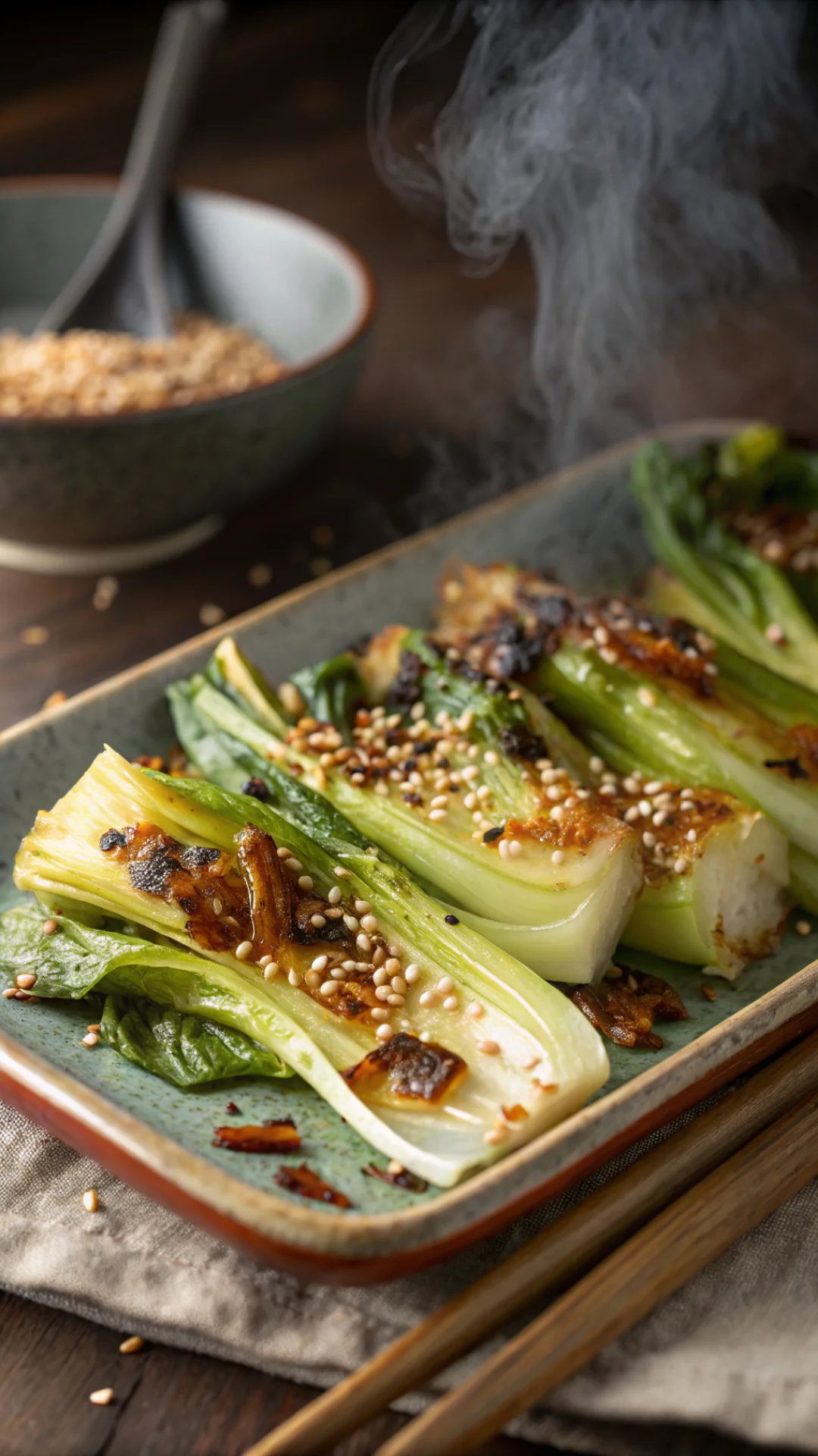 Close-up macro shot crispy roasted pak choi detail, sesame seeds scattered, golden caramelized edges, steam rising, shallow d