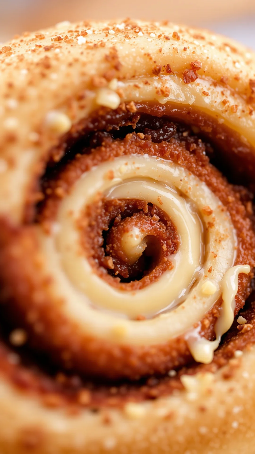 Close-up macro shot of a cinnamon roll cross-section showing creamy vanilla pudding center and spiral layers, dusted with cin