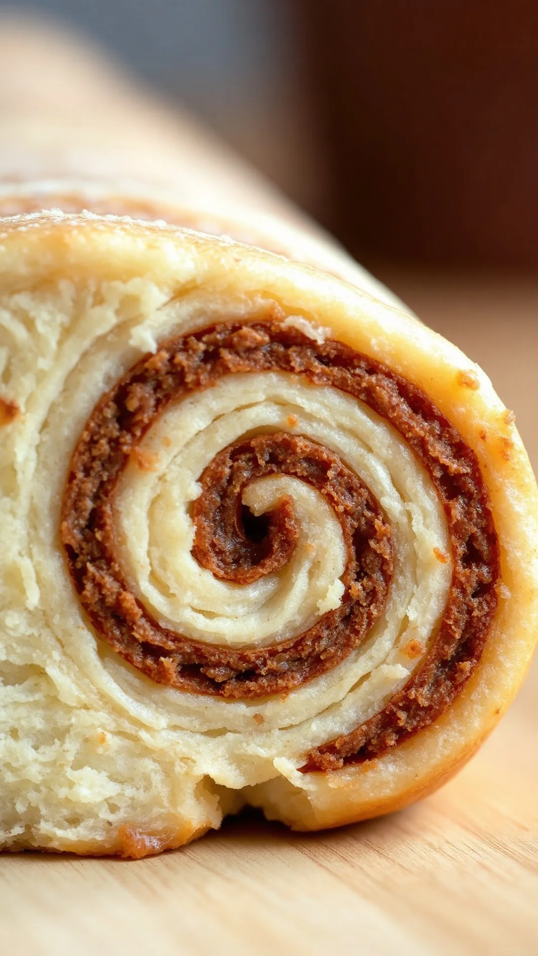 Close-up macro shot of a freshly baked cinnamon roll cross-section, showing spiral layers with cinnamon sugar filling, soft w